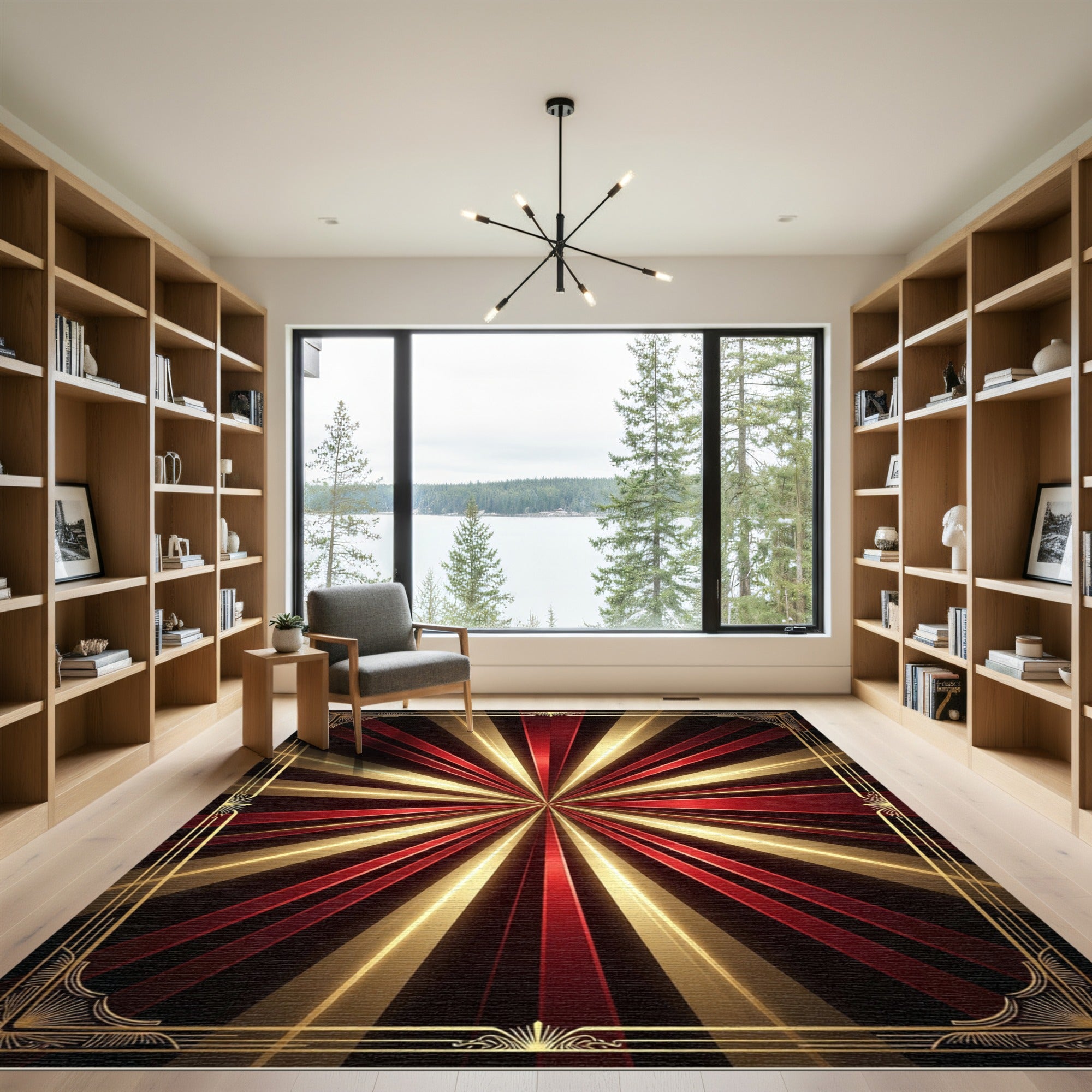 Art Deco Sunburst Red Gold Frame Rug