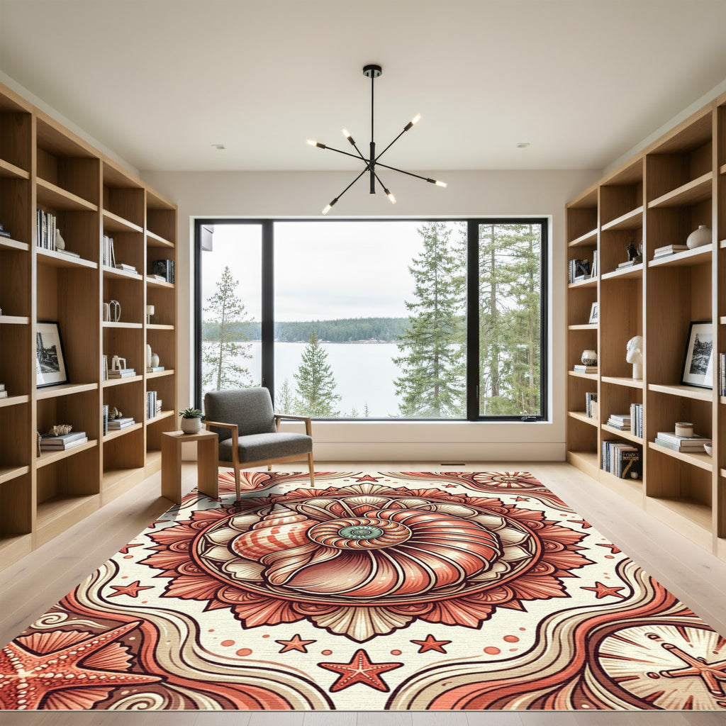 Coral Seashell Mandala Coastal Art Rug