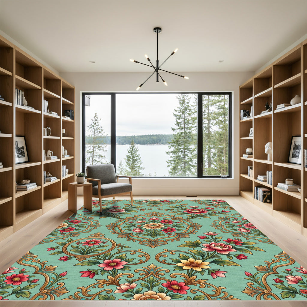 Sage Floral Embroidered Rococo Medallion Rug