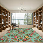 Sage Floral Embroidered Rococo Medallion Rug