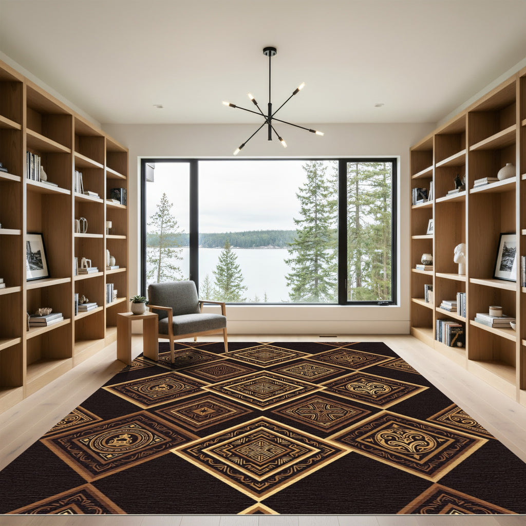 Golden Brown Ornate Diamond Inlay Rug