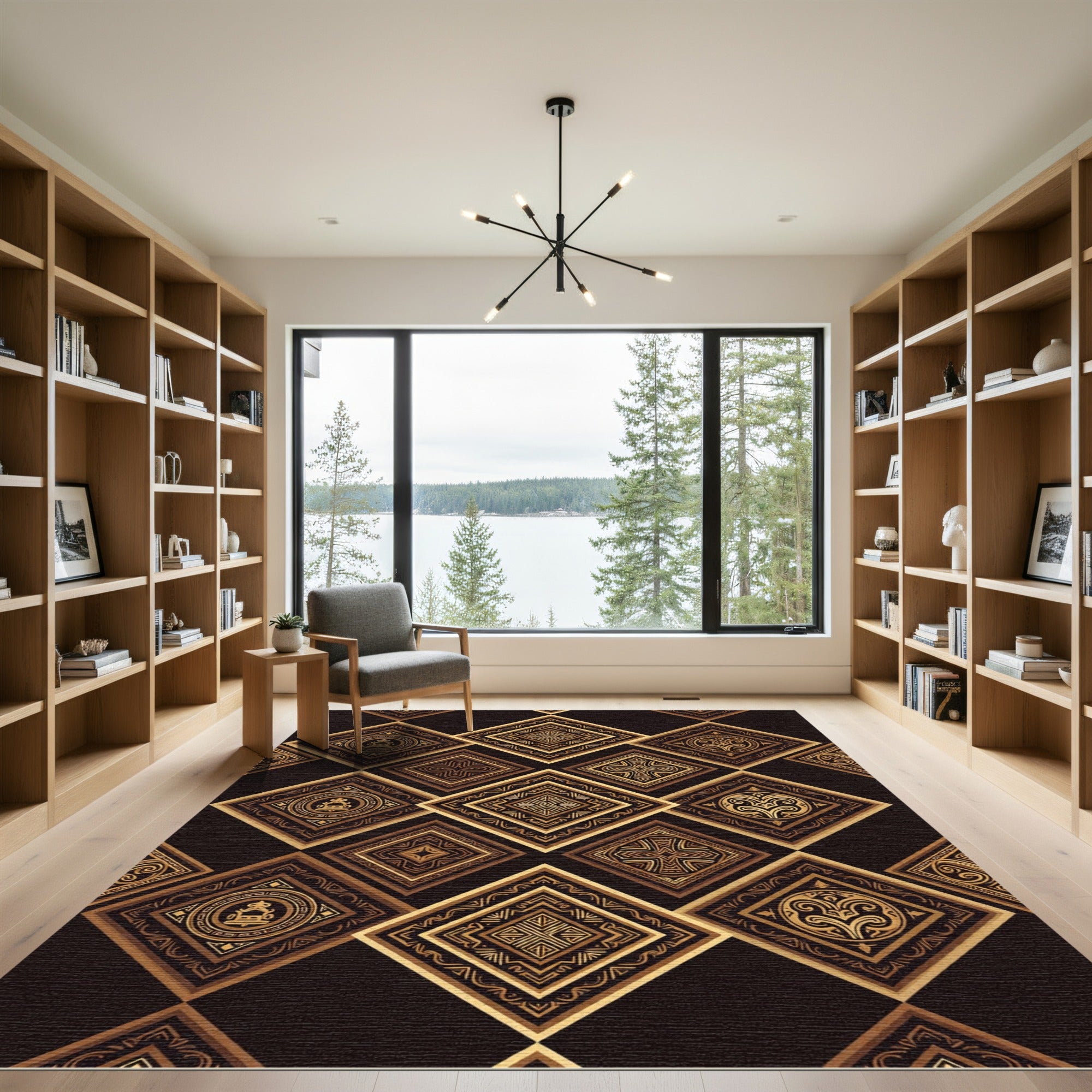 Golden Brown Ornate Diamond Inlay Rug