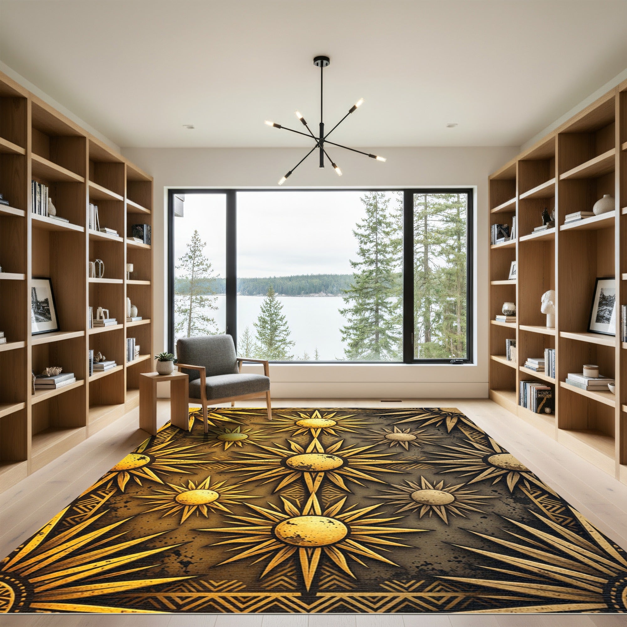 Golden Celestial Sunburst Geometric Area Rug