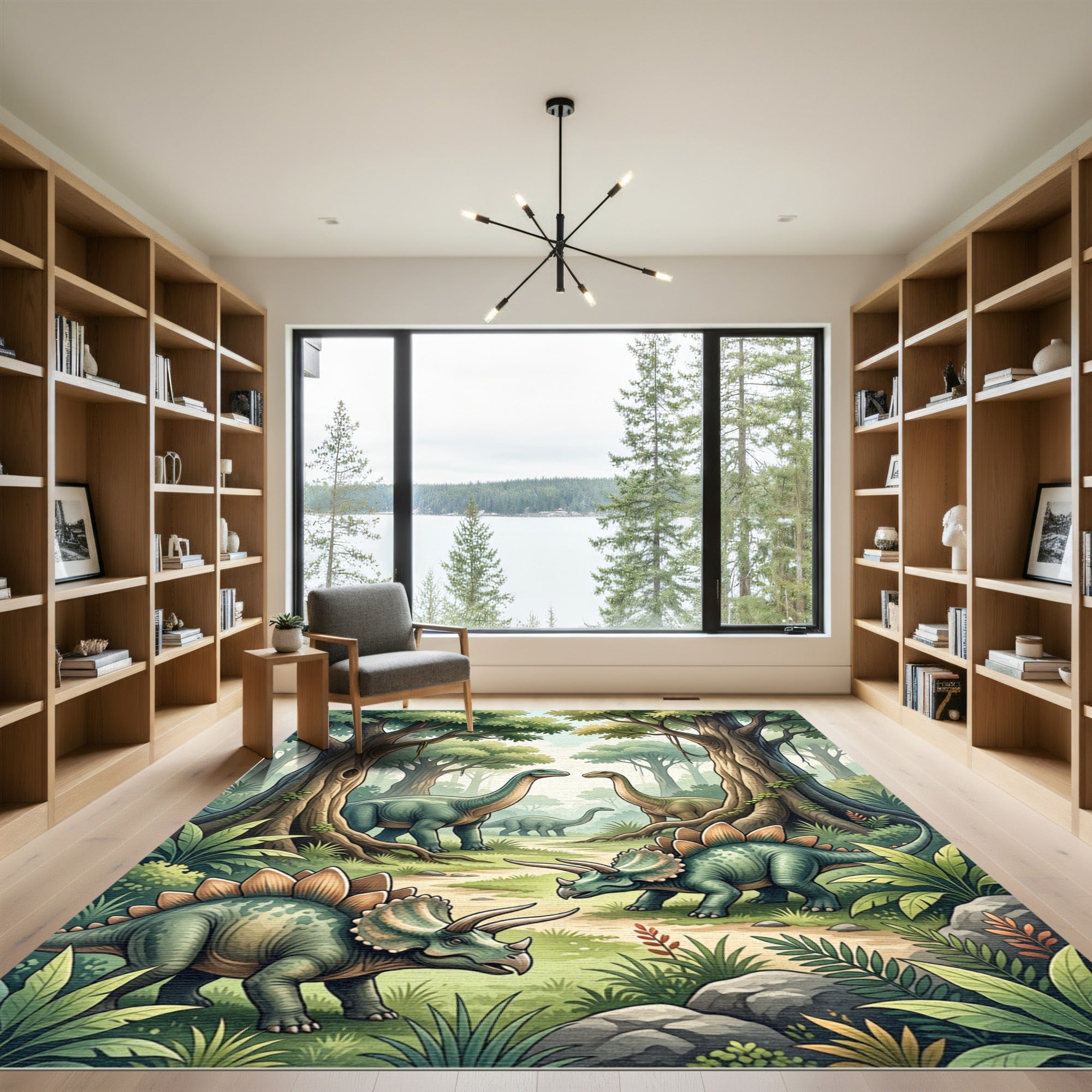 Prehistoric Jungle Dinosaurs with Verdant Foliage Rug