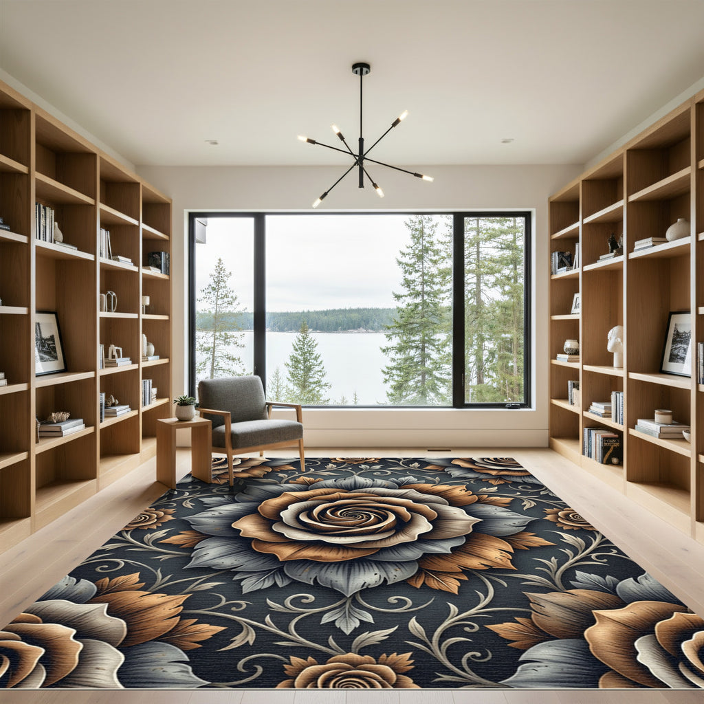 Elegant Bronze and Slate Floral Rose Rug