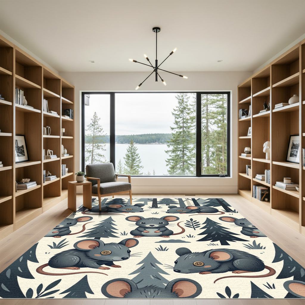 Whimsical Forest Mouse Cream Woodland Rug