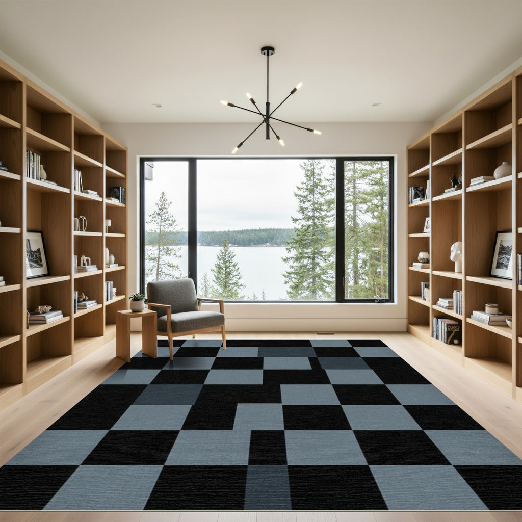 Modern Charcoal and Slate Geometric Grid Rug