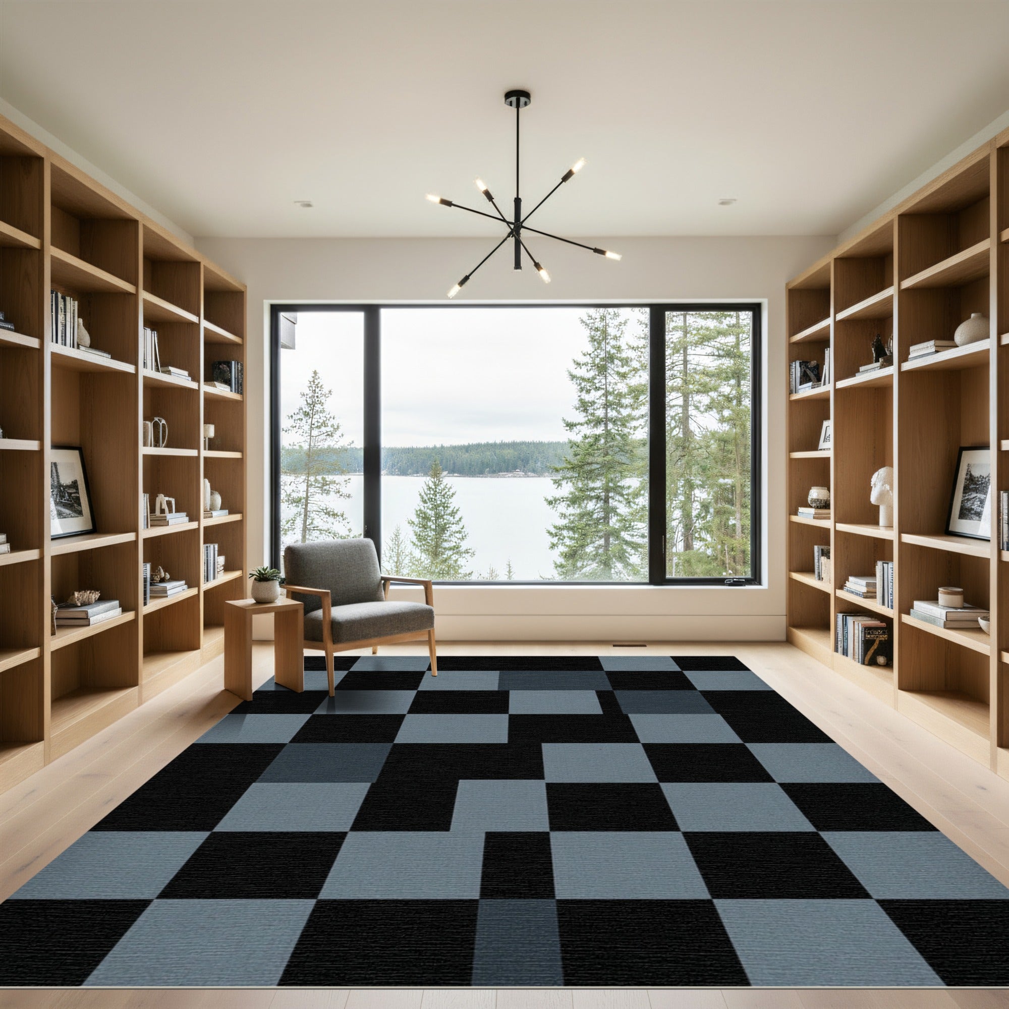 Modern Charcoal and Slate Geometric Grid Rug