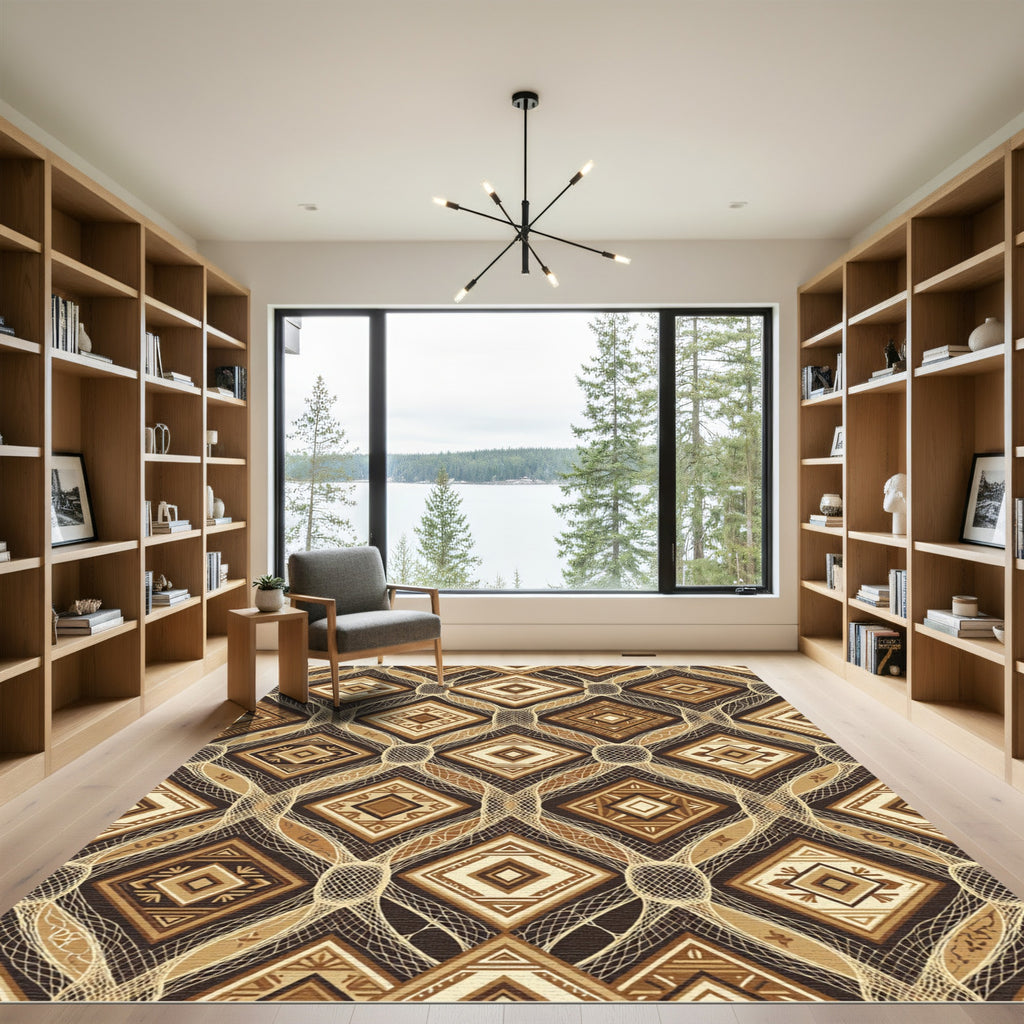 Earthy Brown Geometric Diamond Lattice Rug