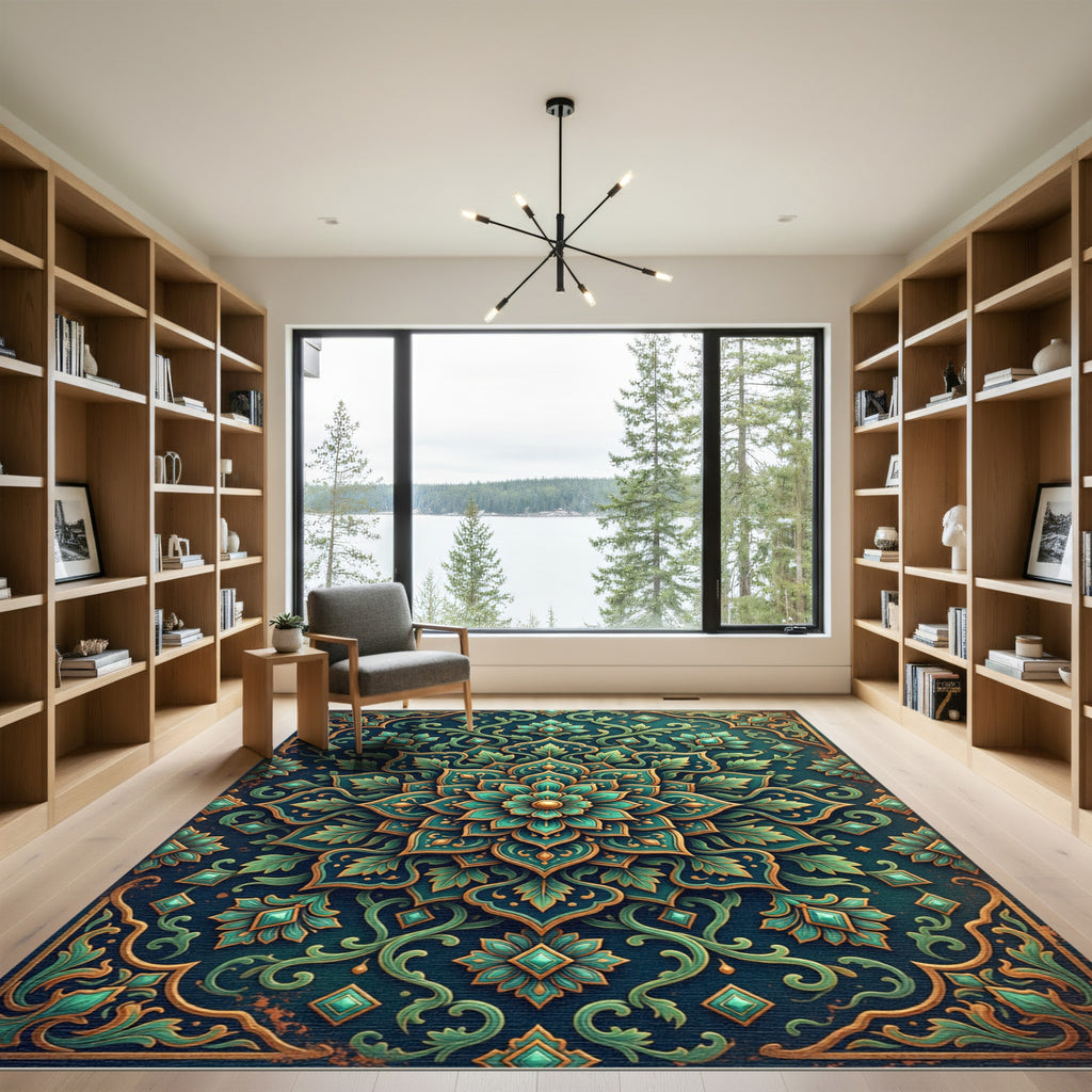 Teal Floral Medallion Gold Filigree Rug
