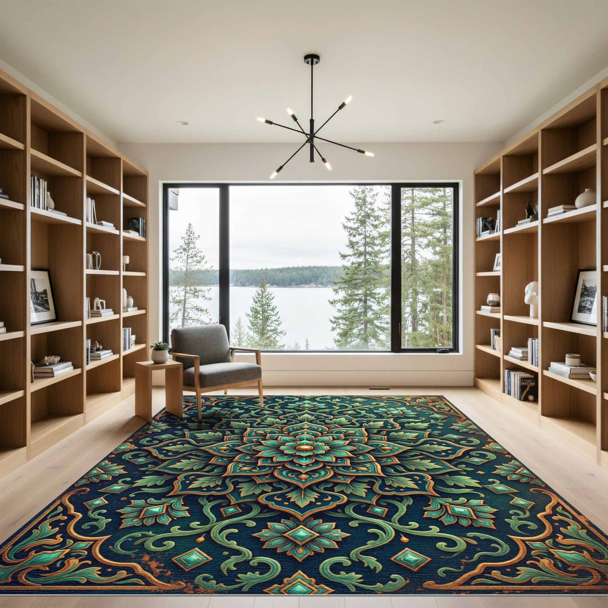 Teal Floral Medallion Gold Filigree Rug