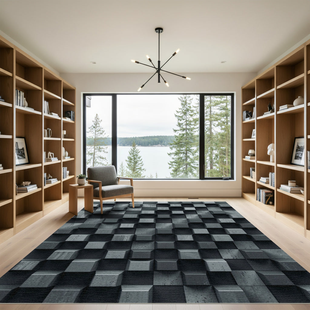 Modern Charcoal Dimensional Cube Grid Rug