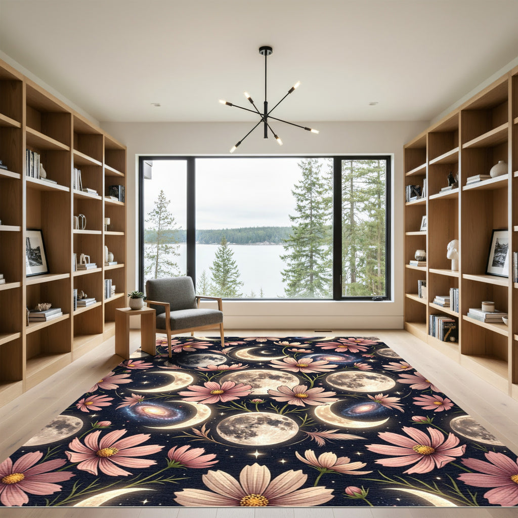 Celestial Pink Cosmos Moon Night Sky Rug