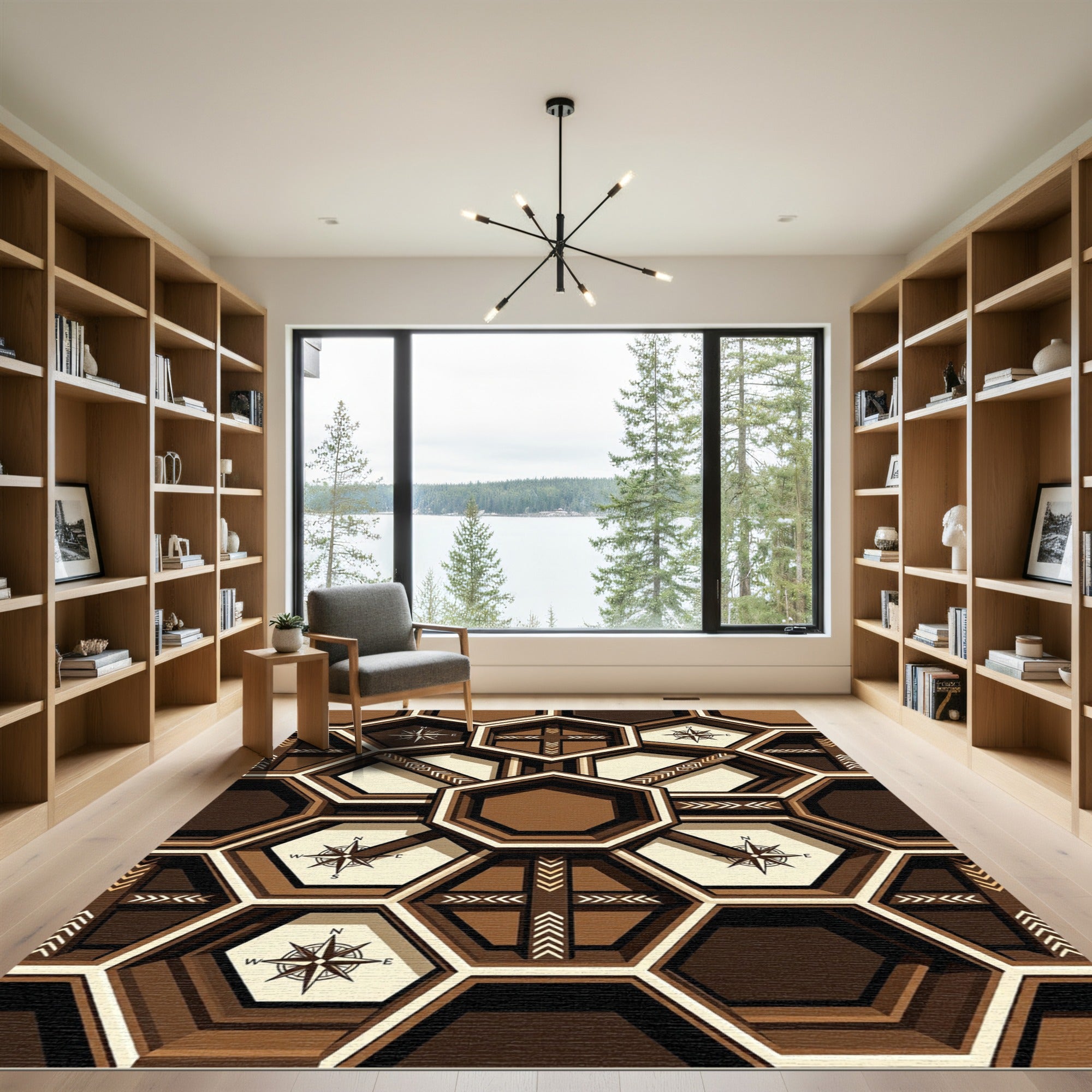 Geometric Earthy Hexagon Compass Rug