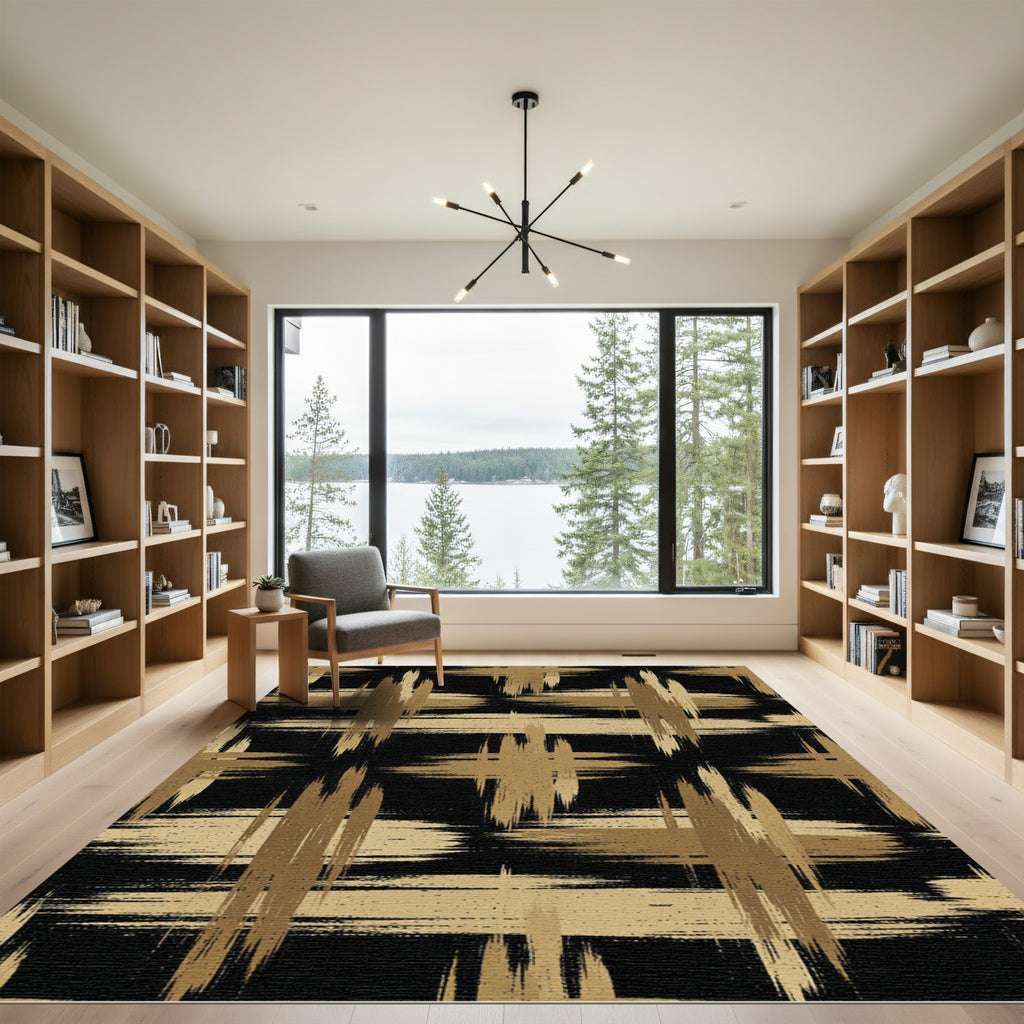 Modern Gold Black Abstract Brush Plaid Rug