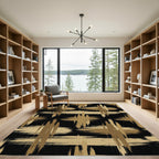 Modern Gold Black Abstract Brush Plaid Rug