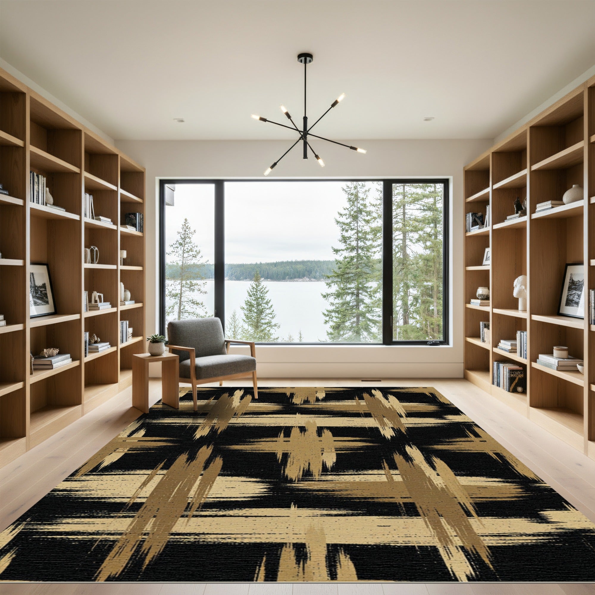 Modern Gold Black Abstract Brush Plaid Rug