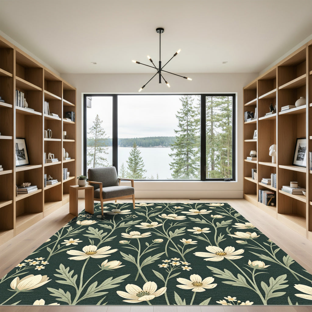 Cream Cosmos Floral Dark Emerald Meadow Rug