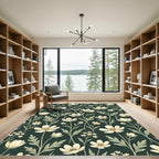 Cream Cosmos Floral Dark Emerald Meadow Rug