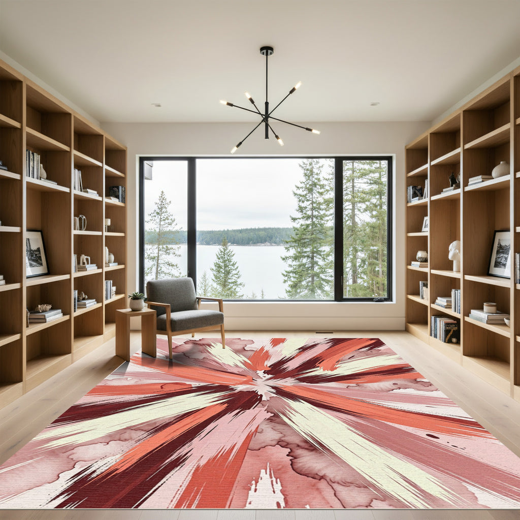Modern Crimson Blush Abstract Sunburst Rug
