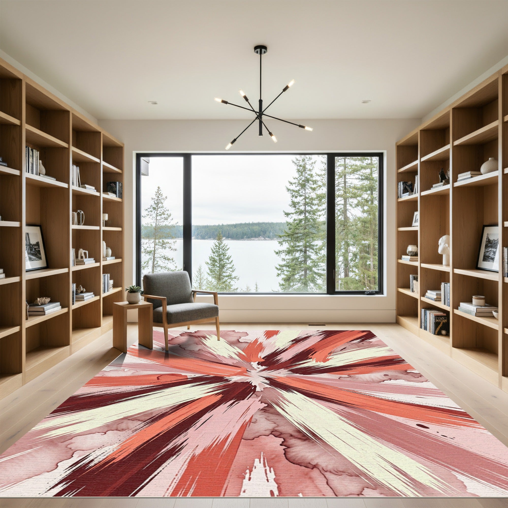 Modern Crimson Blush Abstract Sunburst Rug