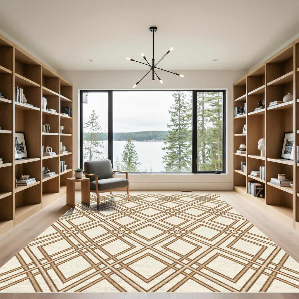 Earthy Taupe Geometric Diamond Grid Rug