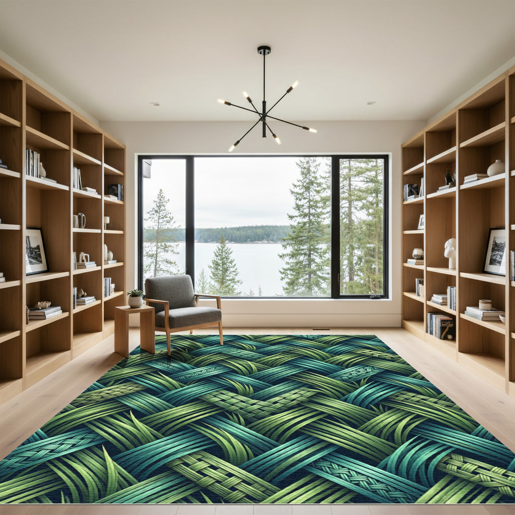 Woven Grass Emerald Teal Overlapping Bands Rug