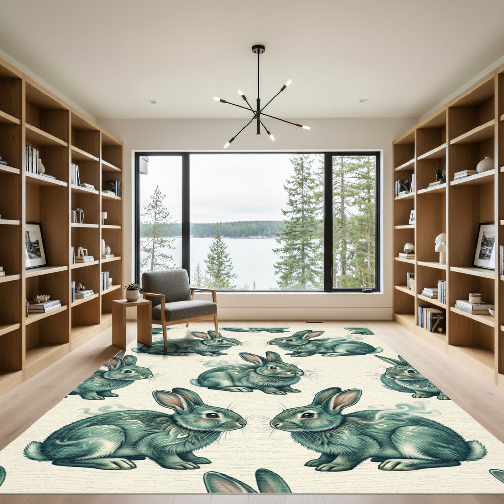 Whimsical Teal Rabbit Spirit Forest Rug