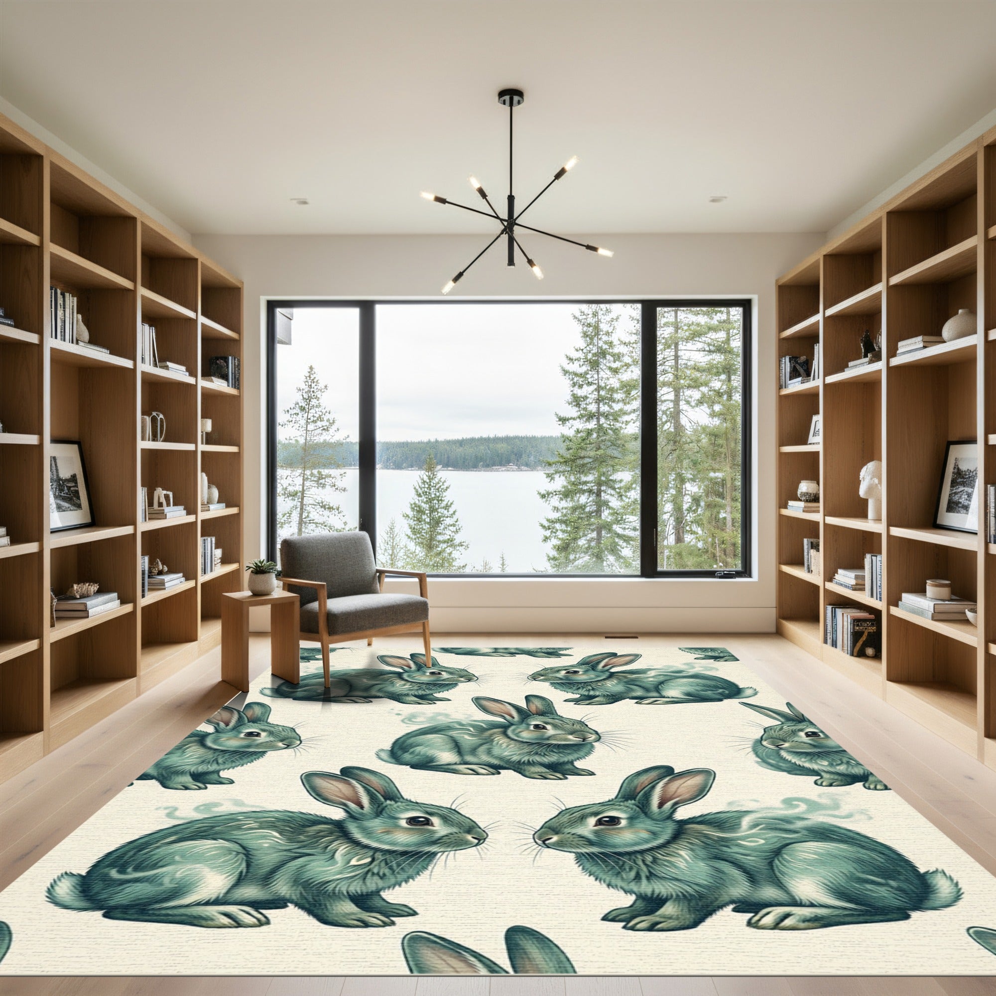 Whimsical Teal Rabbit Spirit Forest Rug