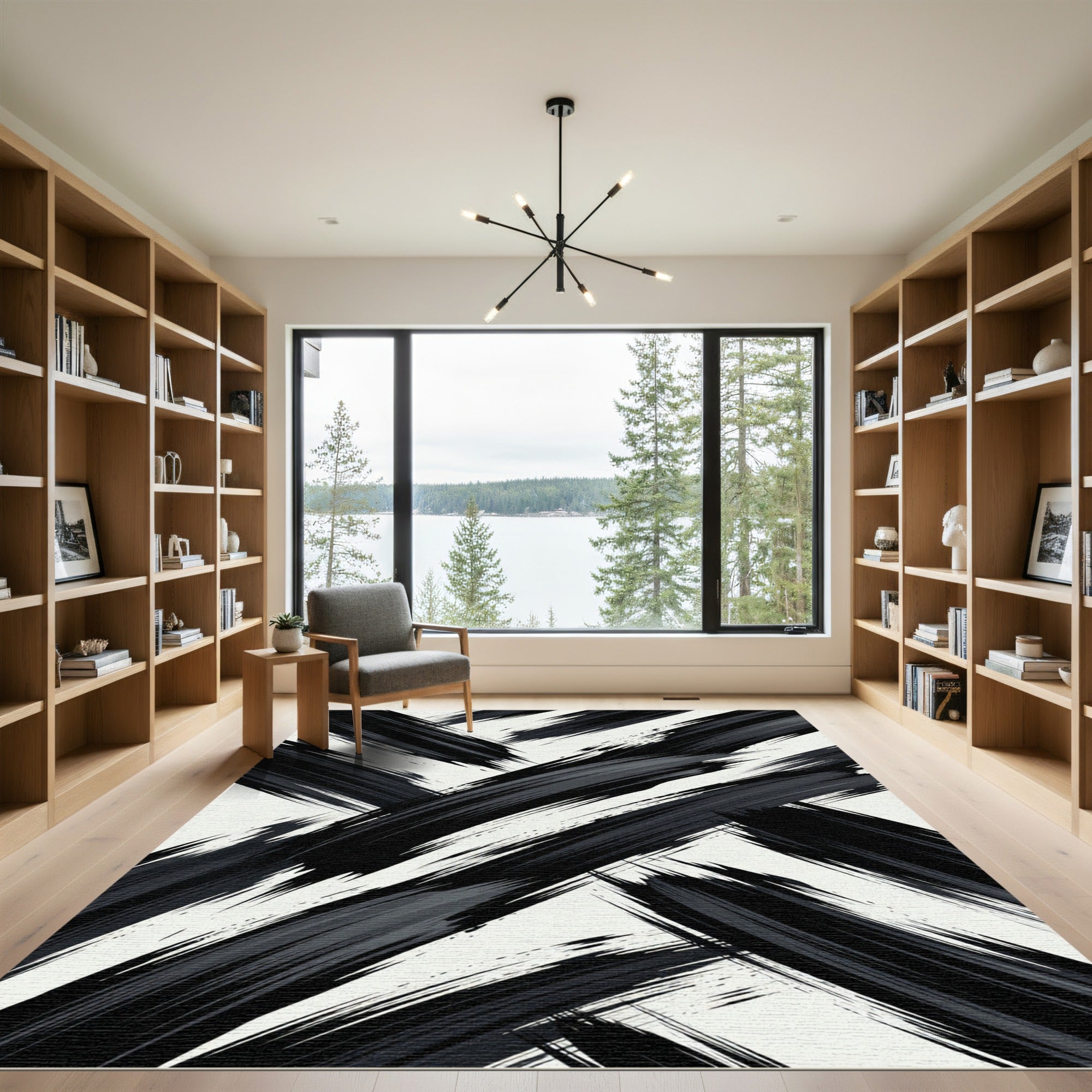 Charcoal Black Abstract Diagonal Brushstroke Rug