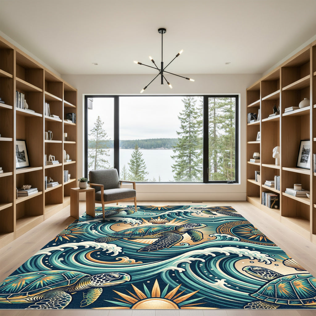 Teal Sea Turtle Oceanic Wave Art Rug