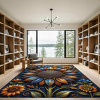 Golden Blue Floral Mandala Sun Flower Rug