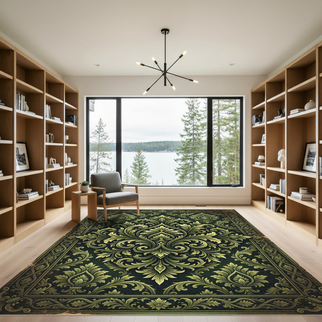 Elegant Dark Olive Damask Scroll Rug