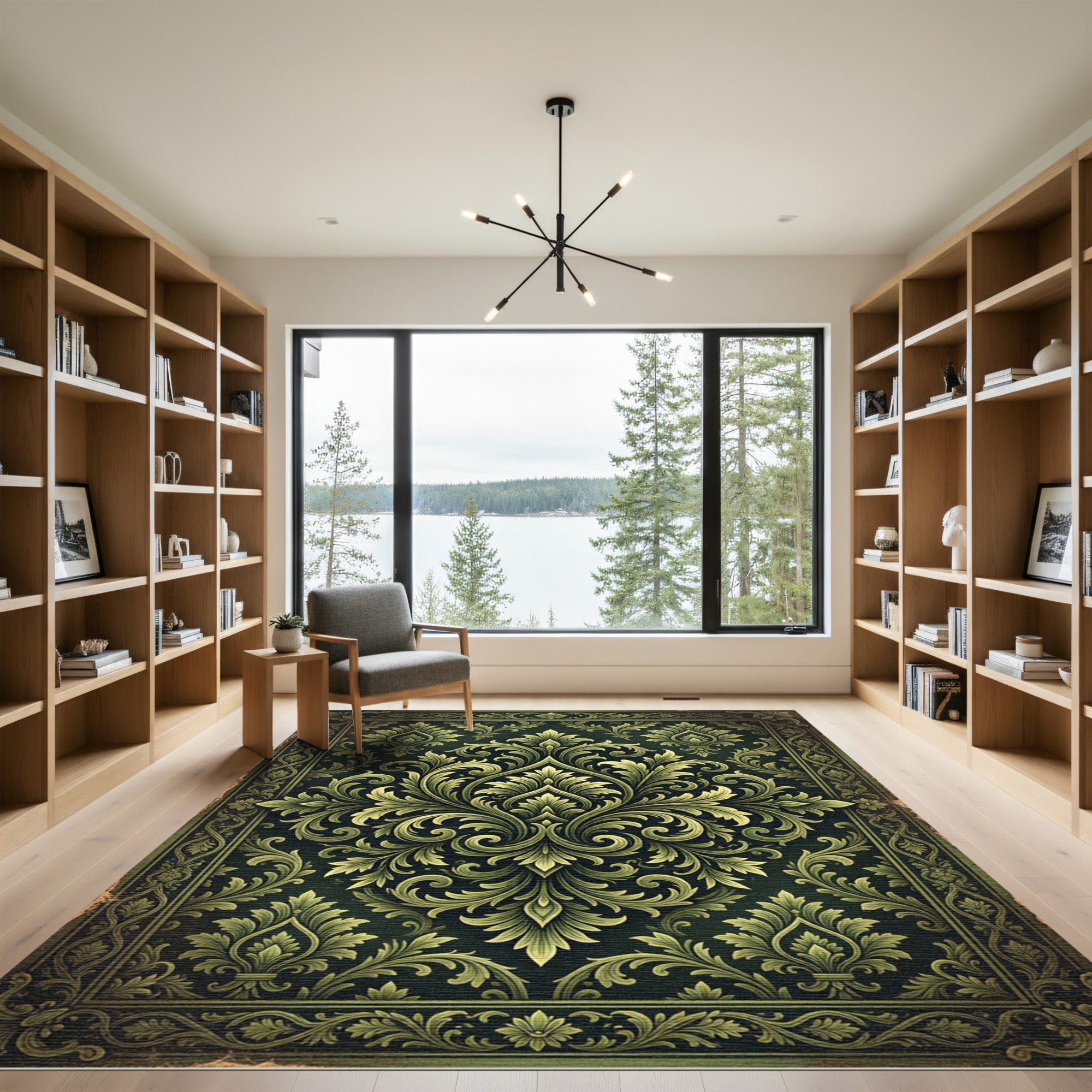 Elegant Dark Olive Damask Scroll Rug