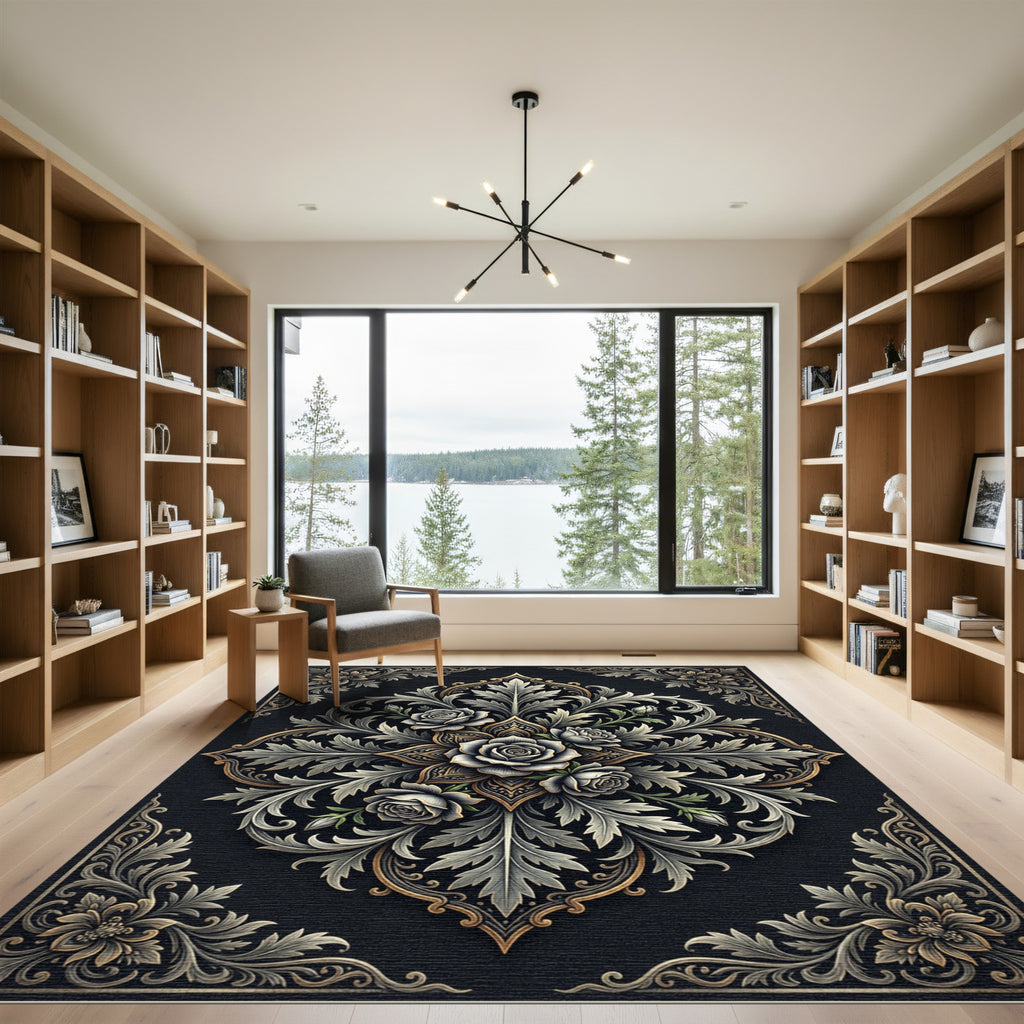 Elegant Monochrome Rose Floral Medallion Rug
