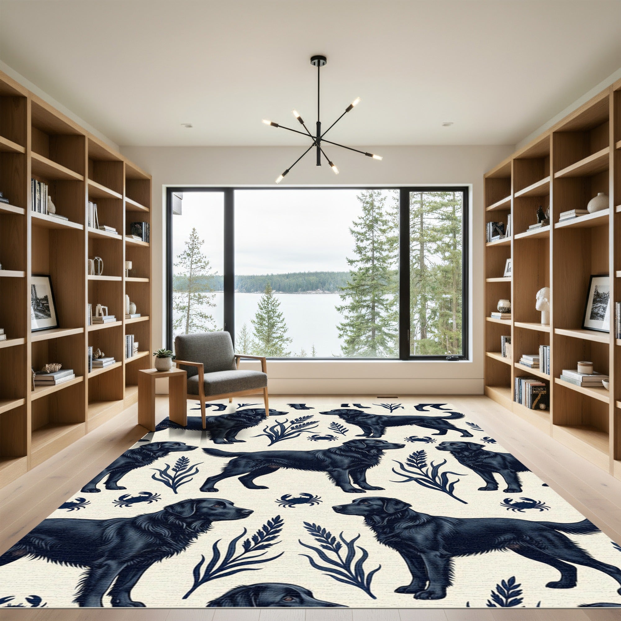 Black Labrador Botanical Coast Illustration Rug