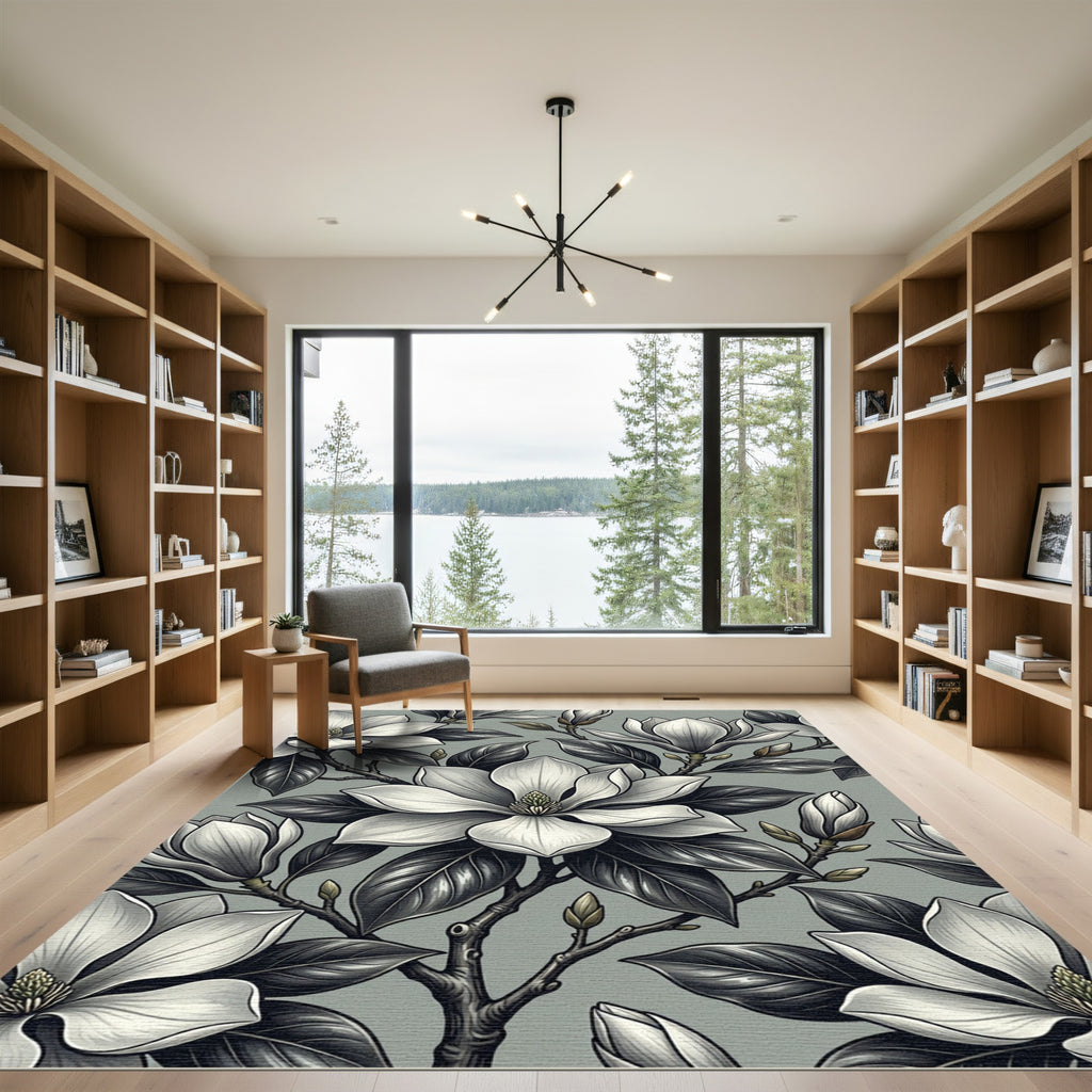 Elegant Monochrome Magnolia Botanical Arrangement Rug