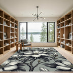 Elegant Monochrome Magnolia Botanical Arrangement Rug