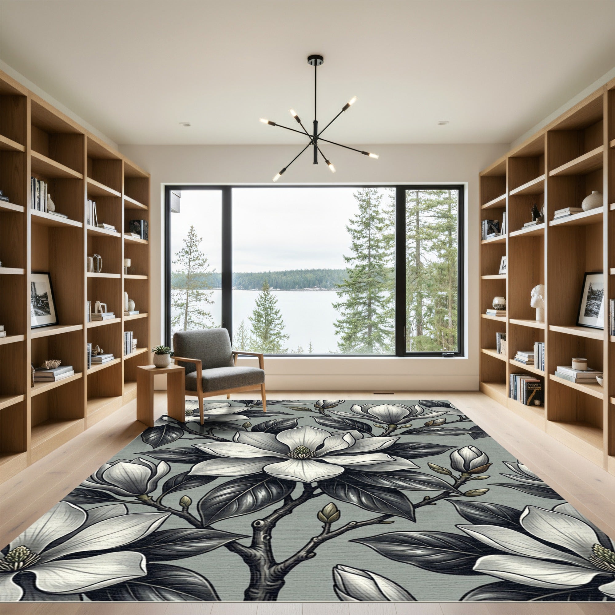 Elegant Monochrome Magnolia Botanical Arrangement Rug