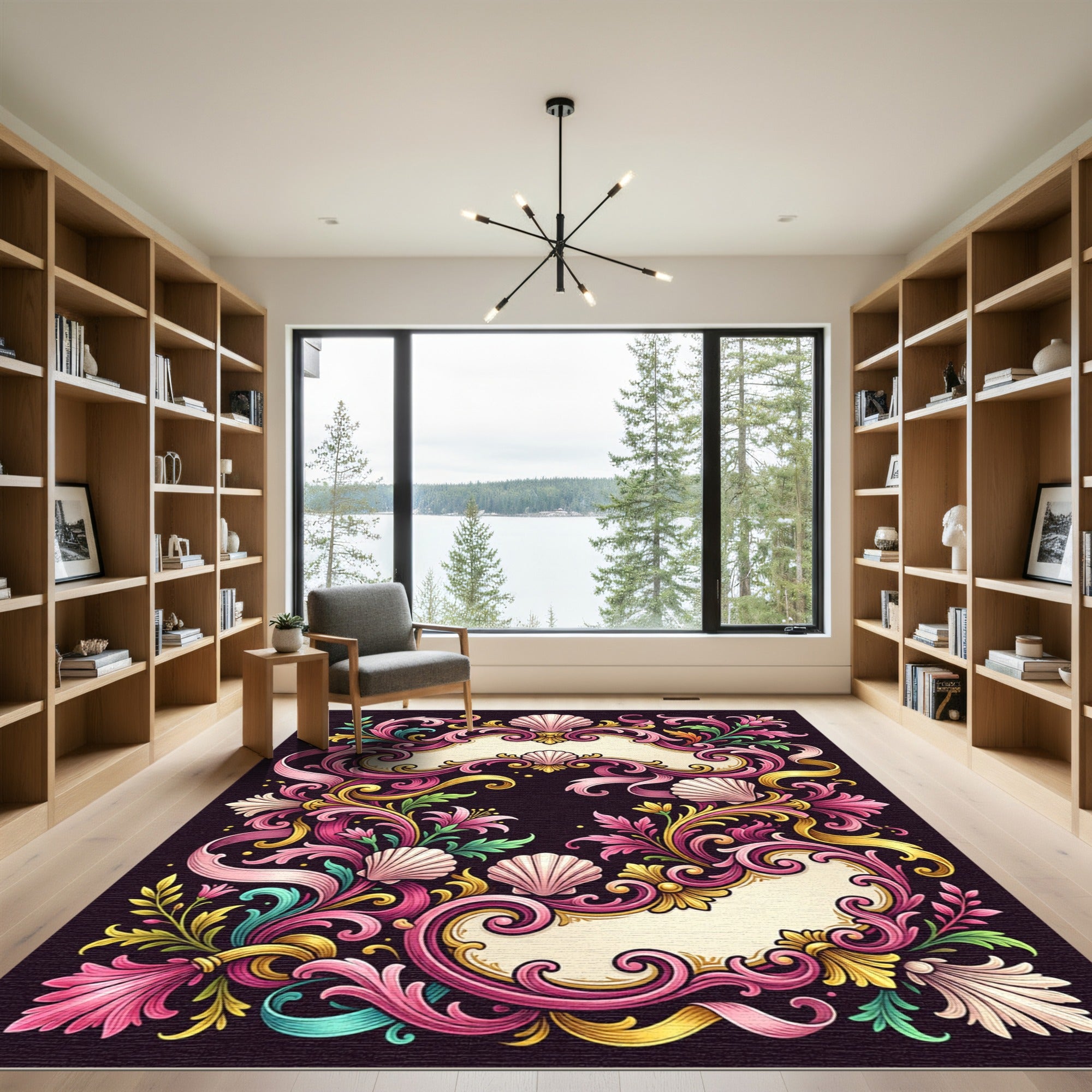 Ornate Pink Seashell Baroque Swirls Rug