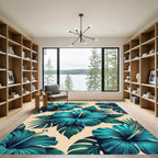 Teal Hibiscus Tropical Botanical Bloom Rug