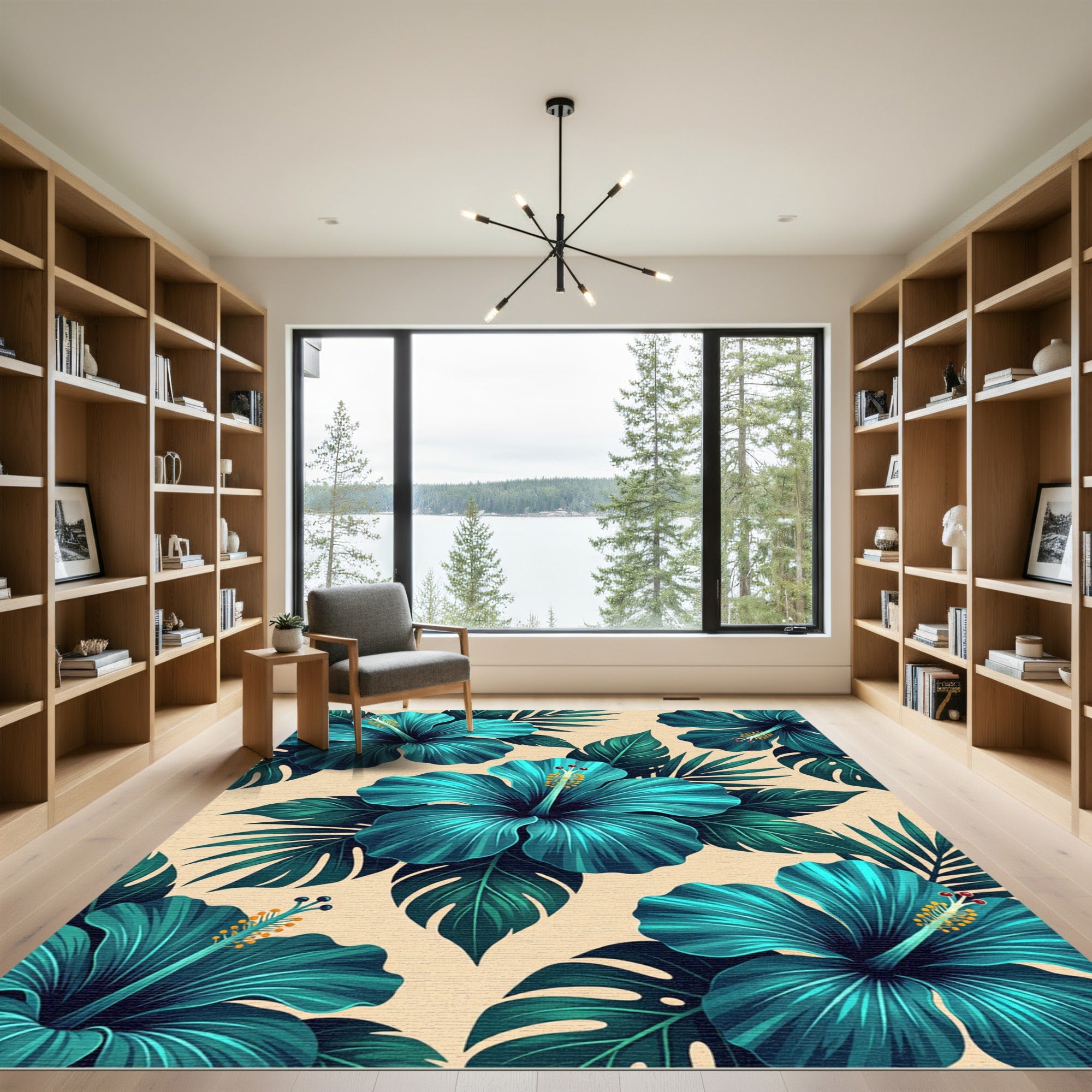 Teal Hibiscus Tropical Botanical Bloom Rug