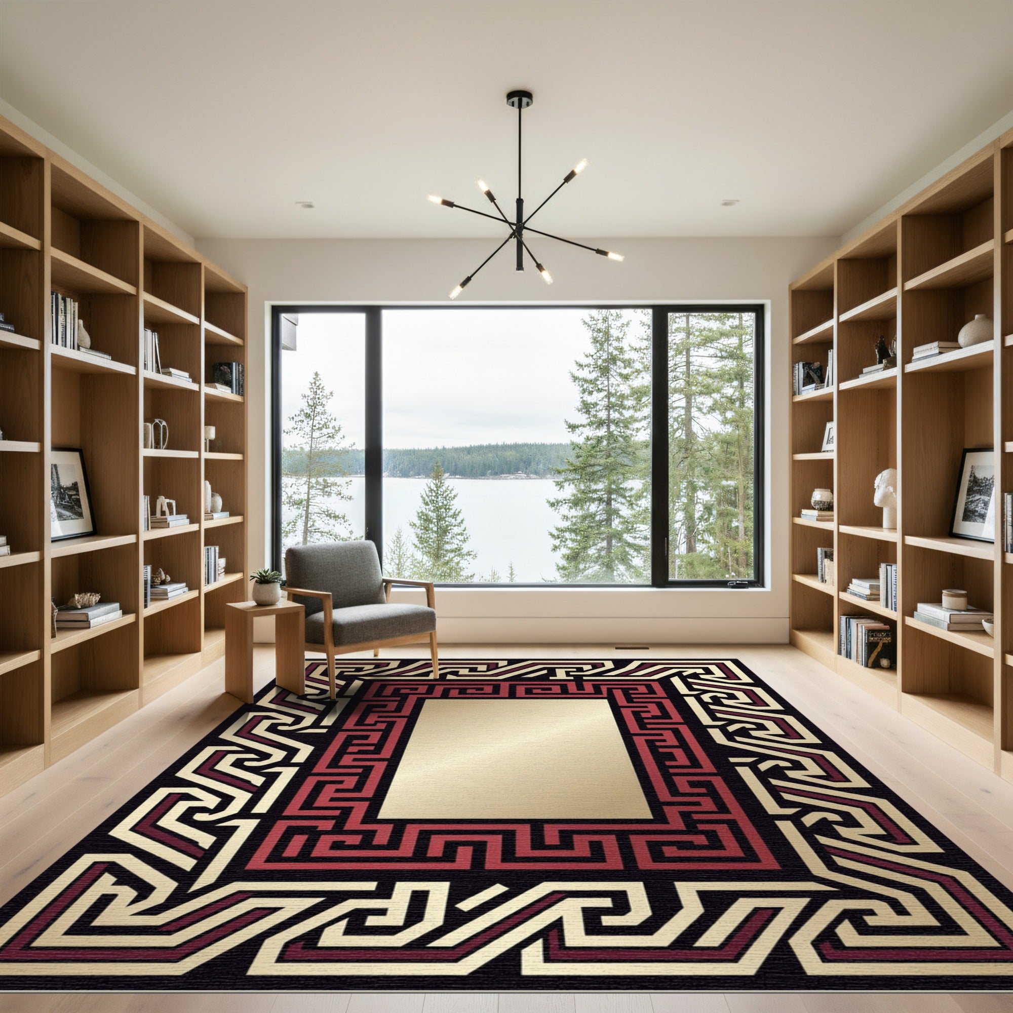 Geometric Red Gold Maze Frame Rug
