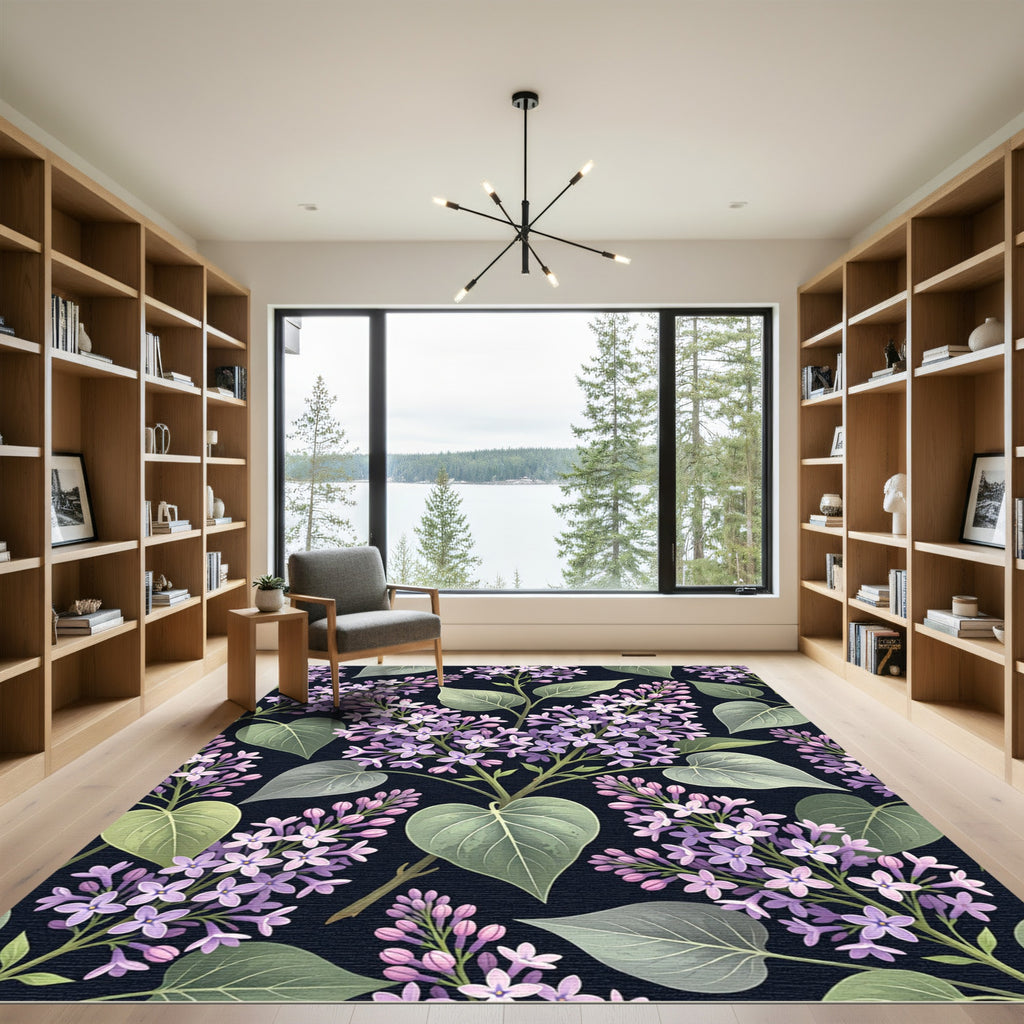 Elegant Purple Lilac Floral Navy Garden Rug