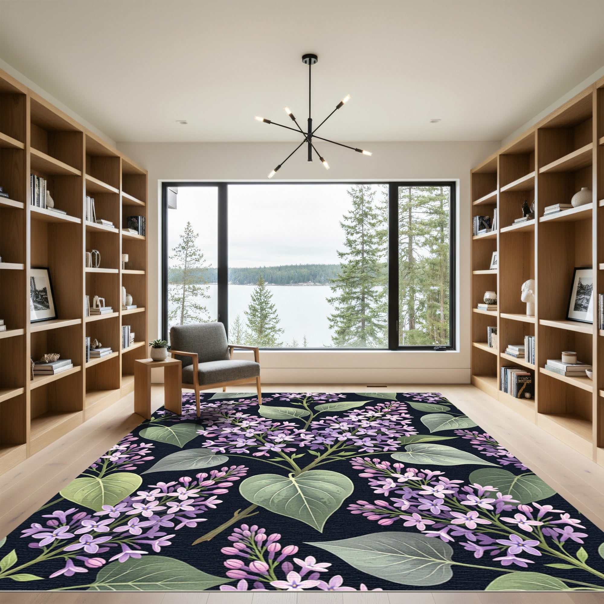 Elegant Purple Lilac Floral Navy Garden Rug