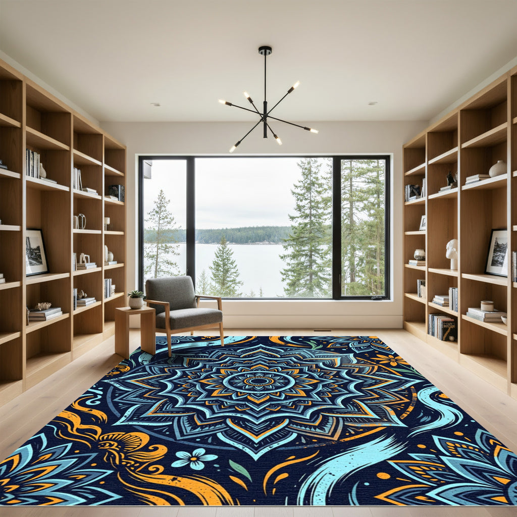 Deep Teal Orange Floral Mandala Rug