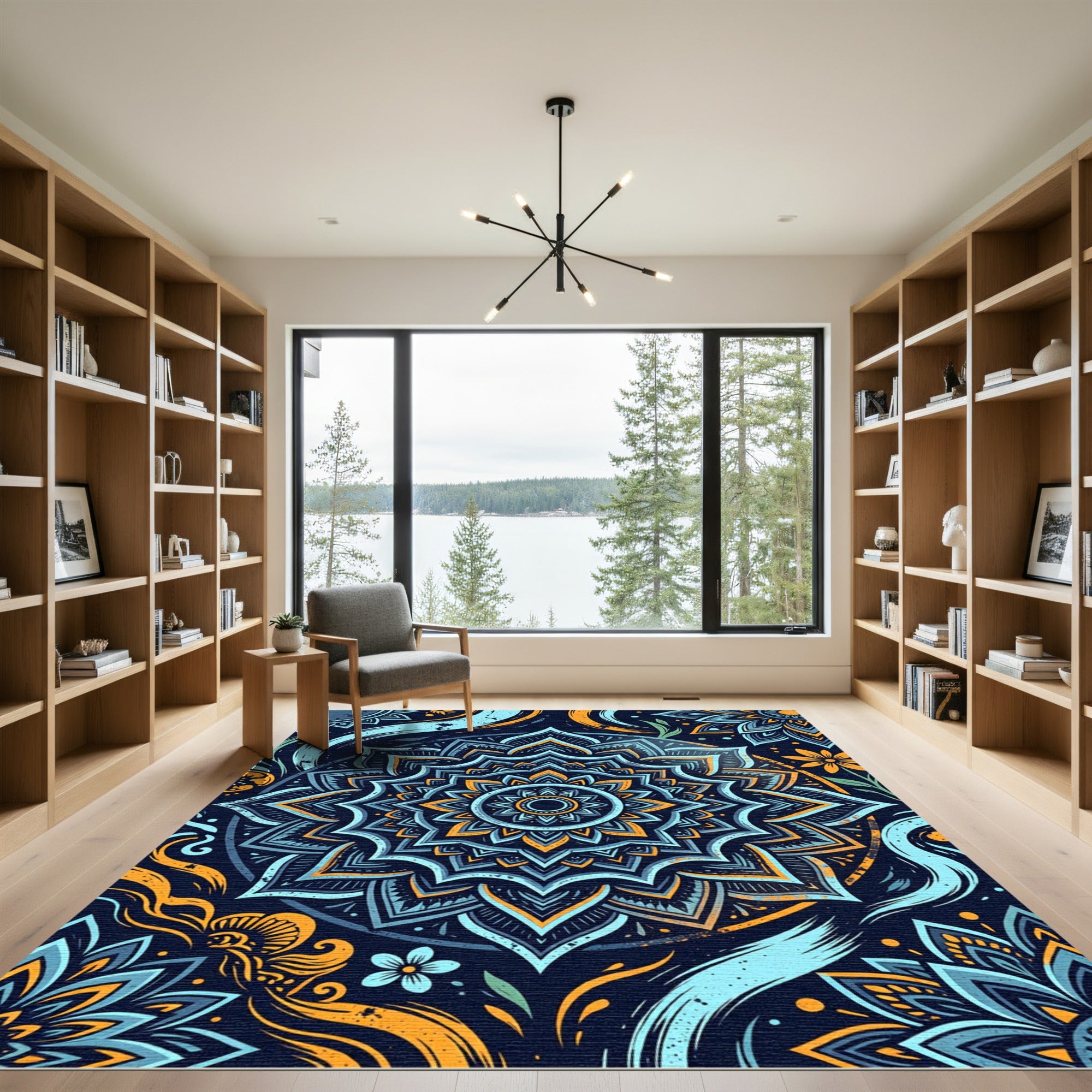 Deep Teal Orange Floral Mandala Rug