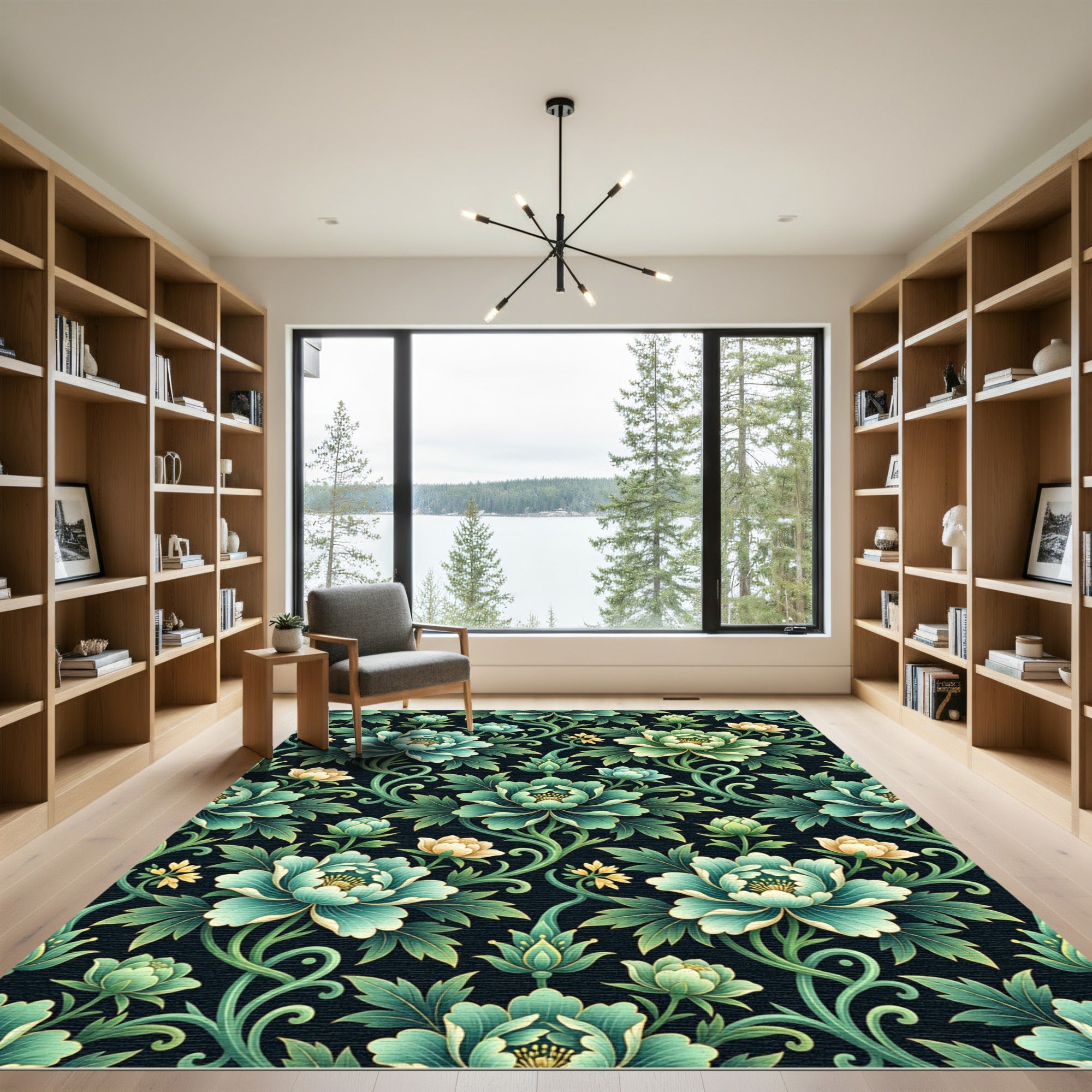 Emerald Teal Floral Scroll Garden Rug