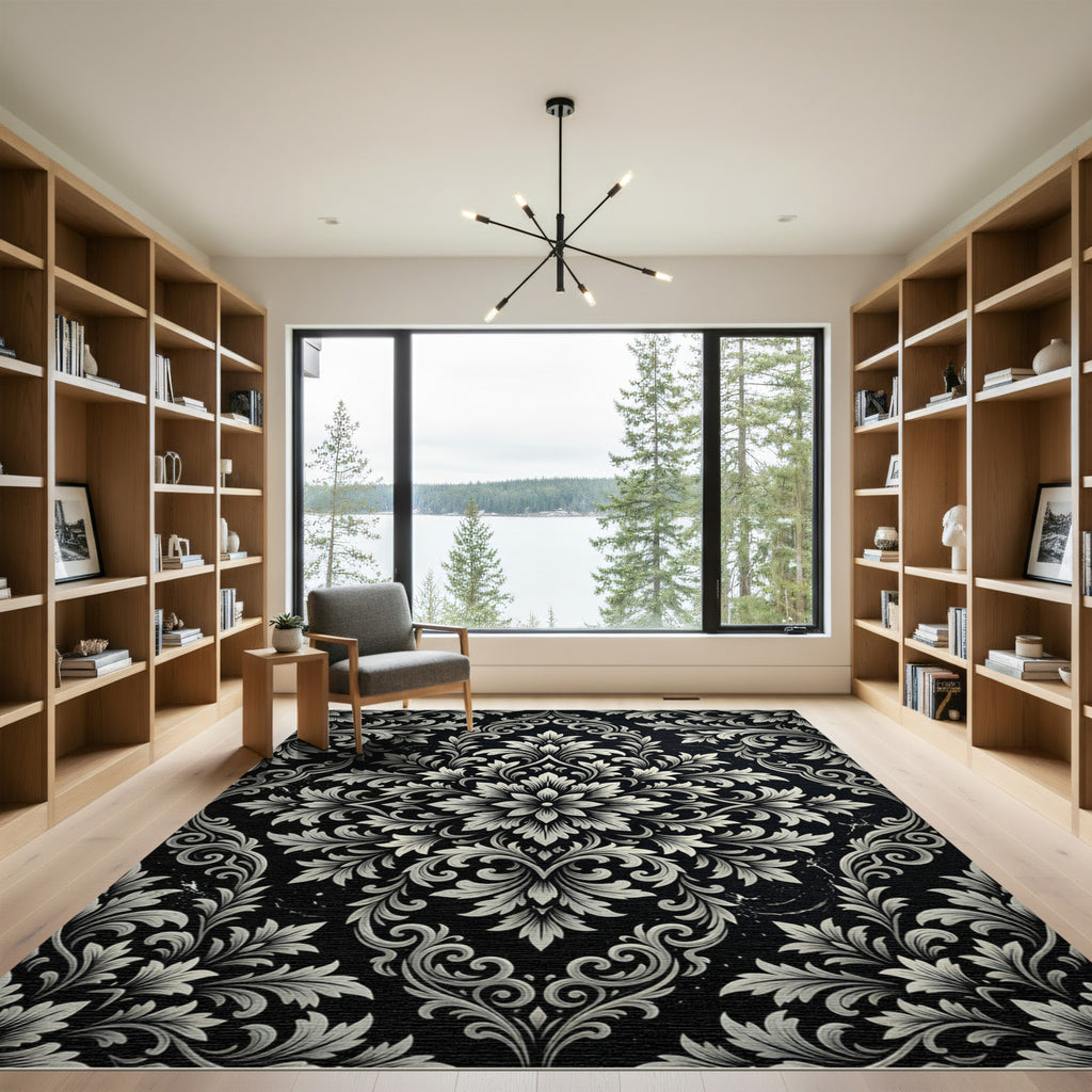 Elegant Black and Ivory Damask Rug