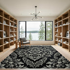 Elegant Black and Ivory Damask Rug